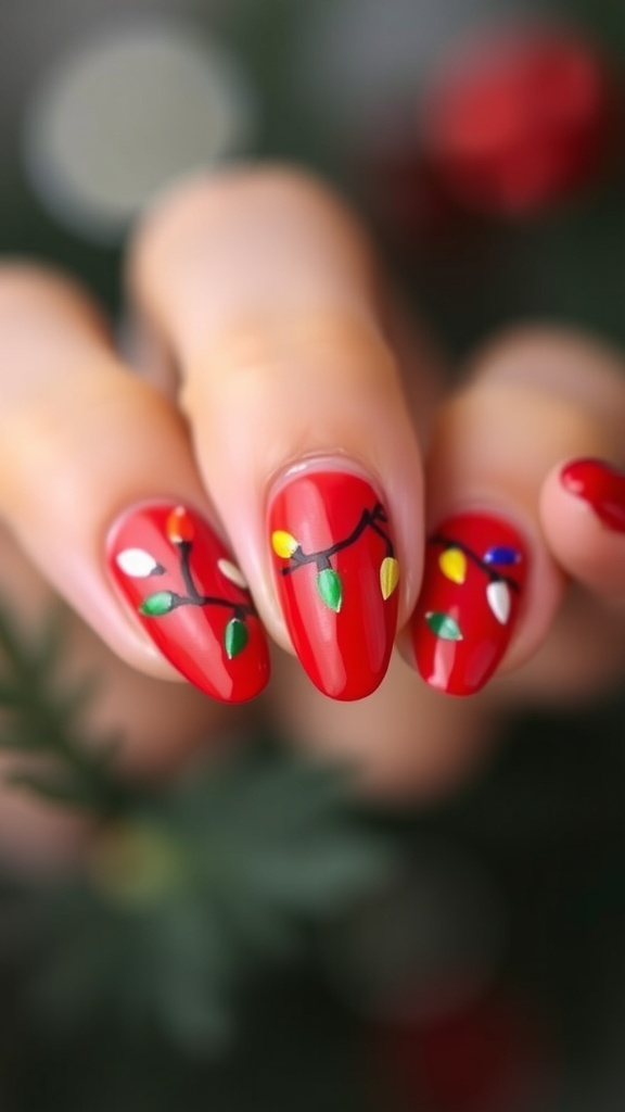 Short almond nails with Christmas light design on a festive background.